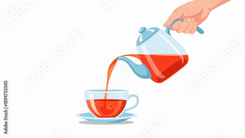 Hand pouring red beverage from glass teapot into cup