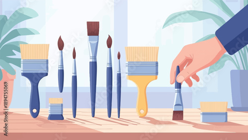 Hand reaching for a paint brush, surrounded by art supplies and plants