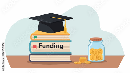 Graduation cap atop books labeled "Funding" next to a jar of coins