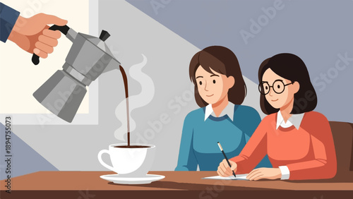 Hand pours hot coffee into a cup for two women sitting at a desk