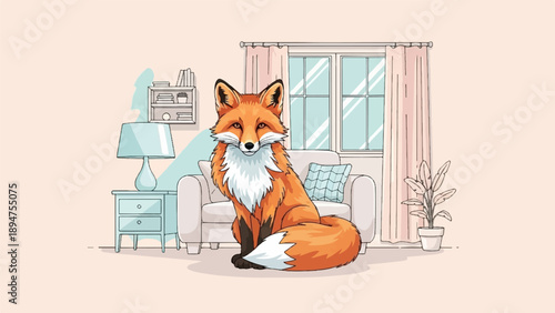 Fox sits on a couch in a cozy room with a window and plants