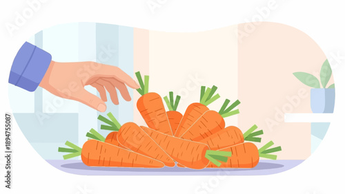 Hand reaching for pile of fresh carrots in a bright, stylized kitchen