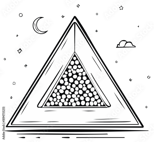 Billiard balls arranged in a triangle inside a triangle with astronomical elements in minimalist illustration.