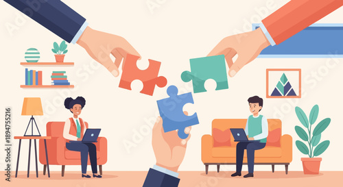 Hands assemble puzzle pieces, people work on laptops in cozy room