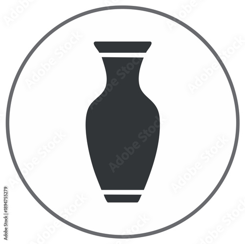 Elegant minimalist vase icon with decorative white accents inside a simple grey circular outline graphic