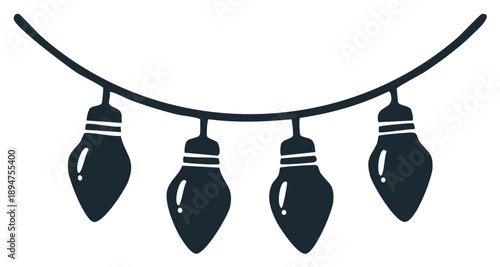 Four dark bulb-shaped lights hanging from a curved wire string