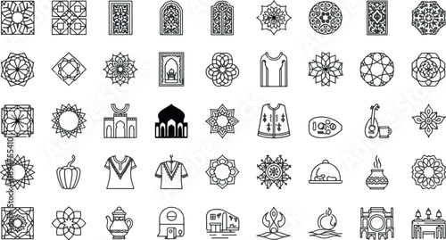 Islamic Cultural Elements and Arabic Geometric Ornament Icon Set