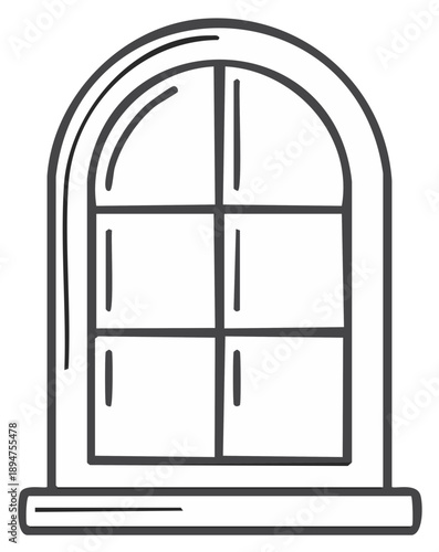 Hand drawn arched window frame with multiple glass panes and a classic sill