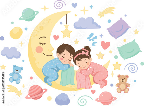 Cute Sleeping Kids on Crescent Moon Vector with Stars, Clouds, Pillows, Teddy Bear and Pastel Bedtime Dream Theme