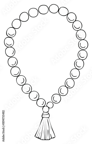 Outline drawing of spiritual mala beads with tassel for meditation yoga and prayer
