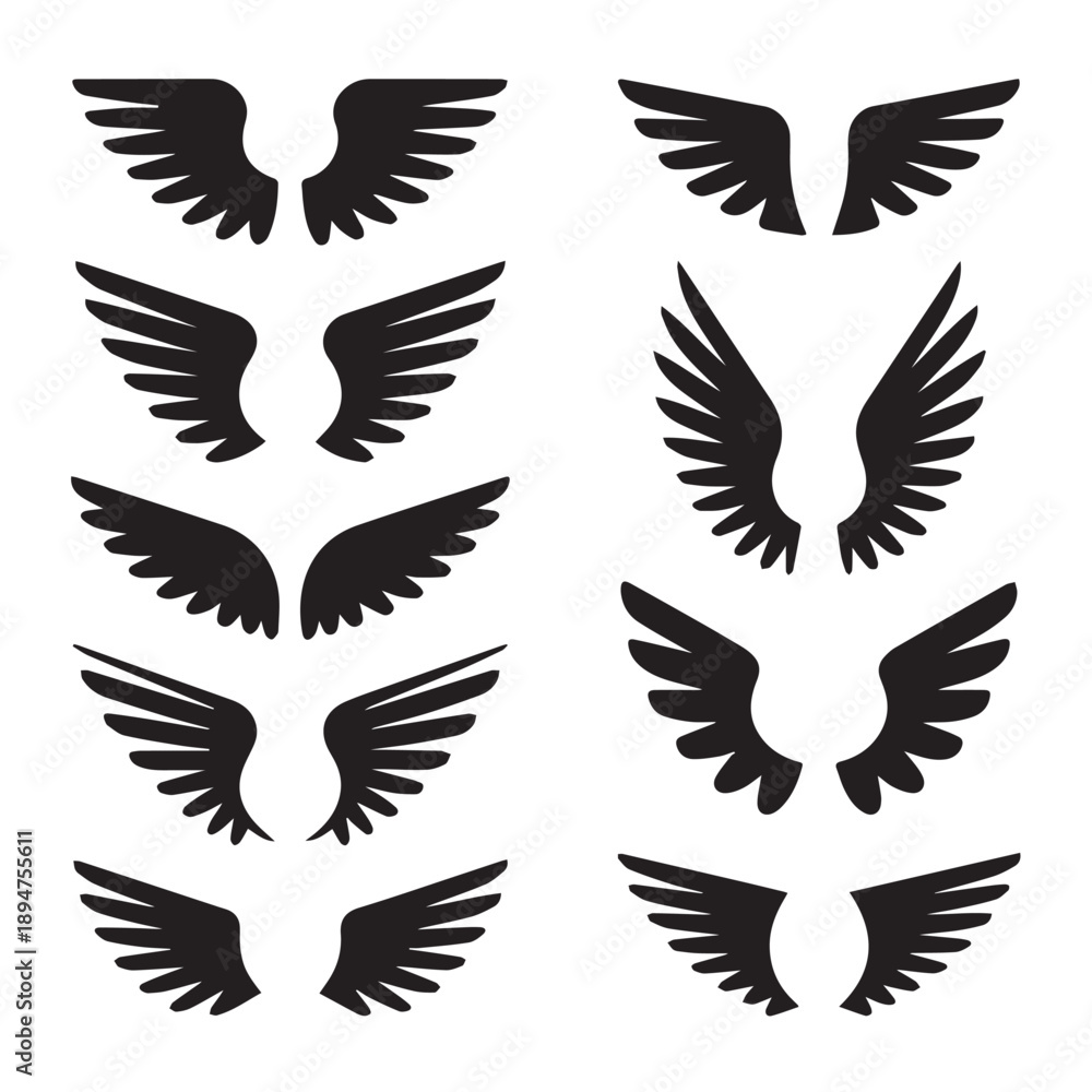Fototapeta premium Vector Black Wing Silhouette Collection: Minimalist Angel, Bird, and Pegasus Wing Icons Set