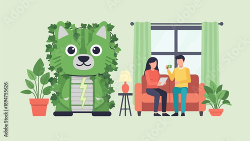 Green cat mascot with lightning bolt and people on couch discussing money