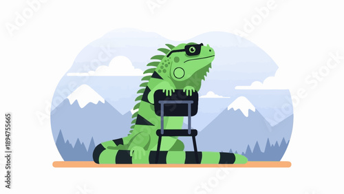 Green iguana wearing sunglasses perched on a chair with mountains