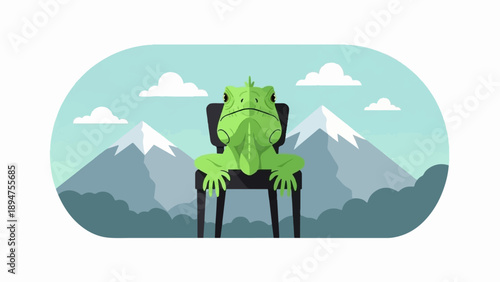 Green reptile on chair with snow-capped mountains and sky