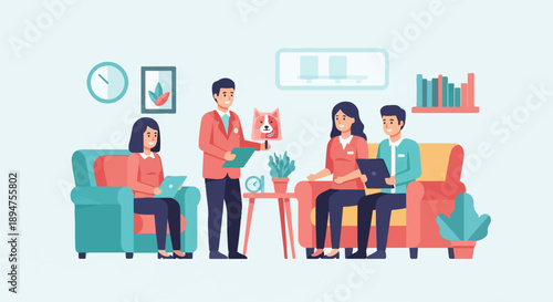 Group meeting with technology and dog mascot in a modern office