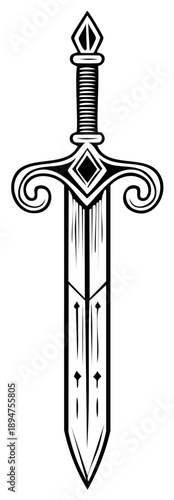 Ornate Sword Emblem with Geometric Design and Twisted Hilt