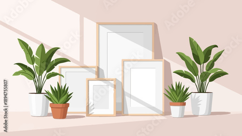 Group of empty picture frames and potted plants casting shadows