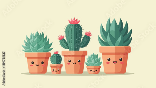 Group of happy potted succulents and cacti with cartoon faces