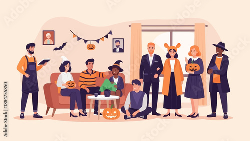 Group of people in Halloween costumes at a party, some holding pumpkins