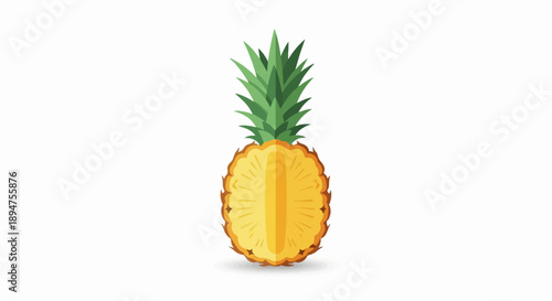 Half a pineapple with green spiky crown, against white background