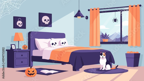 Halloween bedroom with cat, skulls, pumpkins, spider, and window view