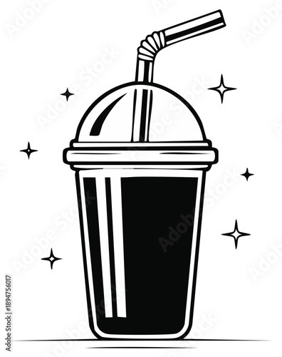 Stylized Black and White Illustration of a Refreshing Cold Drink in a Tall Cup with Straw and Sparkles