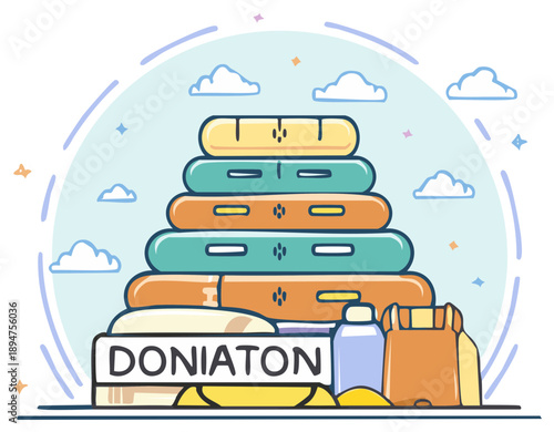 Stack of colorful children's toys and baby essentials with clouds in the background