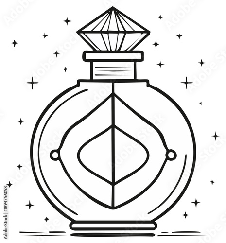 Mystical vintage perfume bottle with gem stopper surrounded by sparkling stars