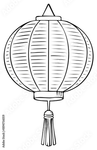 Ink drawing of a round paper lantern with tassels isolated on white, illustration