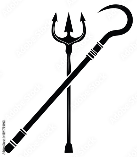Illustration of a black trident and a hooked cane, symbolic weaponry on white background.