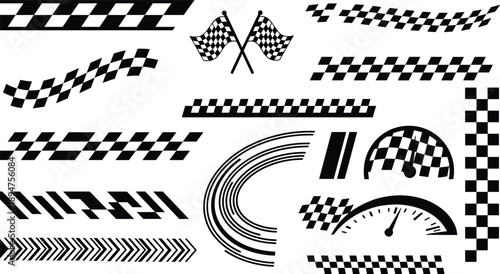 Racing checkered flag vector illustration, isolated on white, transparent png, svg, vector element icon set, speedometers and abstract racing elements