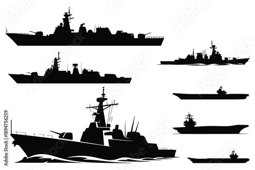 Silhouettes of various warships and naval vessels on white background