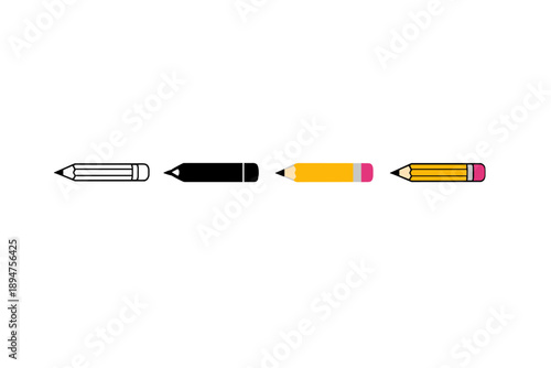 Minimal illustration showing four pencil styles in a horizontal row, from outlined sketch pencil to solid black marker and two yellow eraser pencils on white