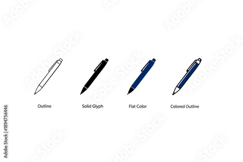 Set of stylized pen icons showing outline, solid glyph, flat color, and colored outline variations on a clean white background for interface design