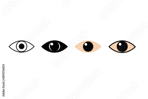 Minimal vector illustration showing four stylized human eyes with varied shapes, colors, and pupils aligned in a row on a white background