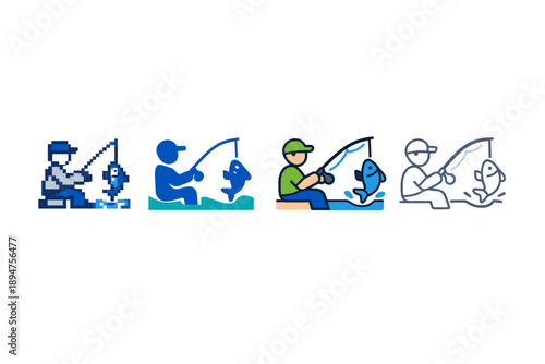 Progression of fishing illustration from pixel art to modern flat vector and outline, showing angler catching a fish with rod and tackle