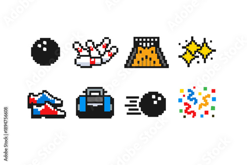 Pixel art bowling icons set featuring ball, pins, lane, shoes, bag, rolling motion, and confetti celebration in retro 8-bit style graphics