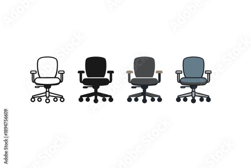 Row of four minimalist office swivel chairs in different colors, simple flat vector illustration set on white background for furniture design