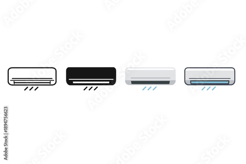 Minimal vector set of four wall-mounted air conditioner units in different colors, showing cooling airflow lines on a clean white background