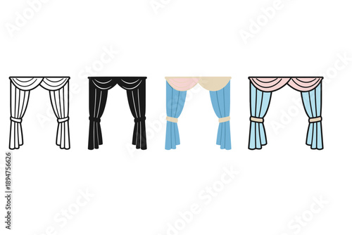 Set of four curtain icon illustrations in different colors, featuring draped valances and tied panels for window decor and interior design