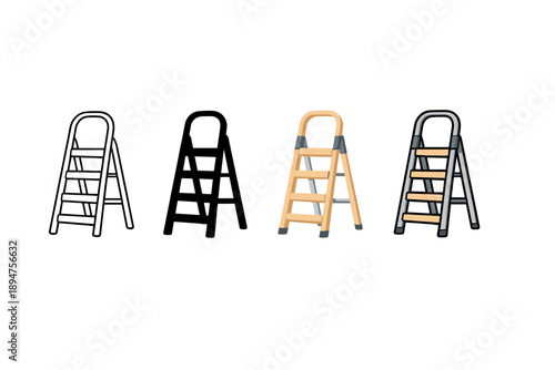 Set of four step ladders in different colors and materials, isolated on white background, showing household and workplace climbing tools
