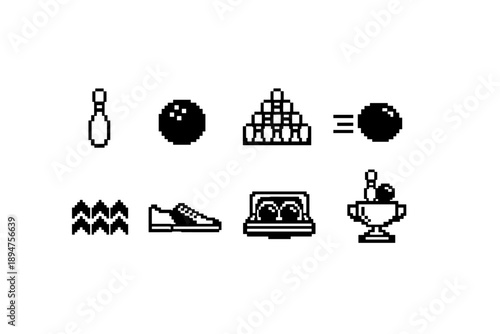 Minimal pixel art icons showing bowling pin and ball, stacked cups, wavy pattern, shoe, stereo boombox, and ice cream sundae in monochrome