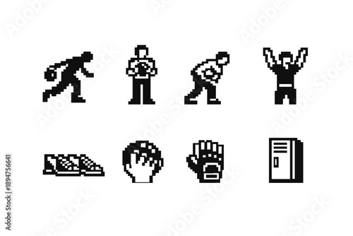 Set of pixel art safety and action icons showing human figures, gloves, hand, fire, equipment, and a control panel in retro monochrome style