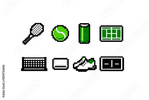 Pixel art sports equipment icons set featuring tennis racket, ball, water bottle, tennis court, net, wristband, sneaker, and scoreboard display