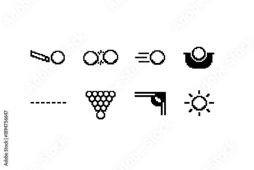 Minimal black-and-white pixel icon set featuring sports and action symbols including cue, balls, motion lines, trophy, gun, and sun graphic