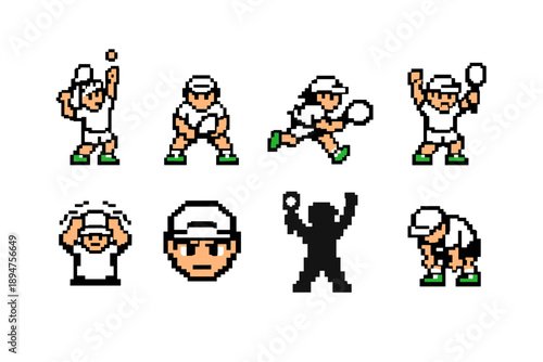 Pixel art tennis player sprite set showing serve, ready stance, running forehand, celebration, disappointment, face portrait, silhouette, and fatigue poses