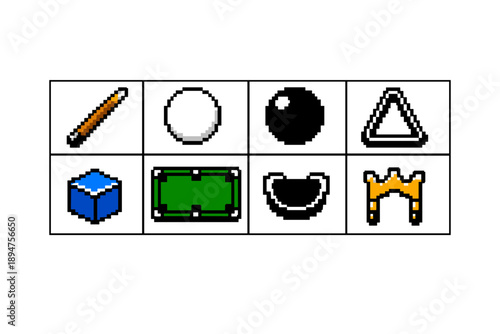Pixelated arcade icon set with cue, balls, triangle rack, cube block, billiards table, pocket, and crown emblem in retro game interface