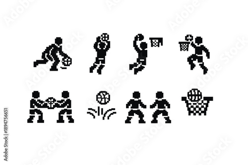 Pixelated basketball icon set showing players dribbling, shooting, passing, rebounding, and dunking with hoops, ball, and teamwork scenes