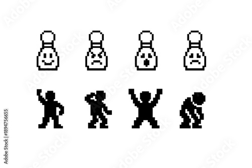Pixel art game interface icons showing status effects above character sprites, including happy, sad, healing, and defeated emotions in retro style