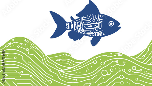 A blue fish with a circuit board pattern swims above green wavy lines.